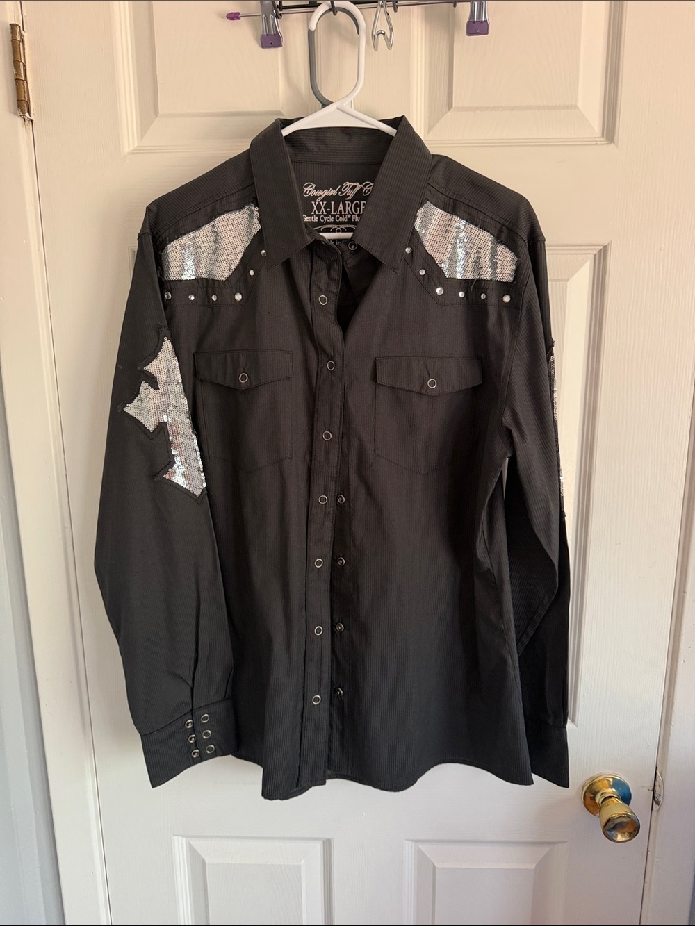 Cowgirl Tuff Black Western Button-Down Shirt with Silver Sequin Accents